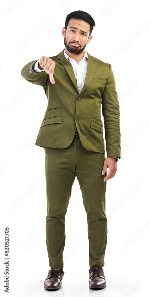 Thumbs down, portrait and business man reject bad news, emoji sign and isolated on transparent png b