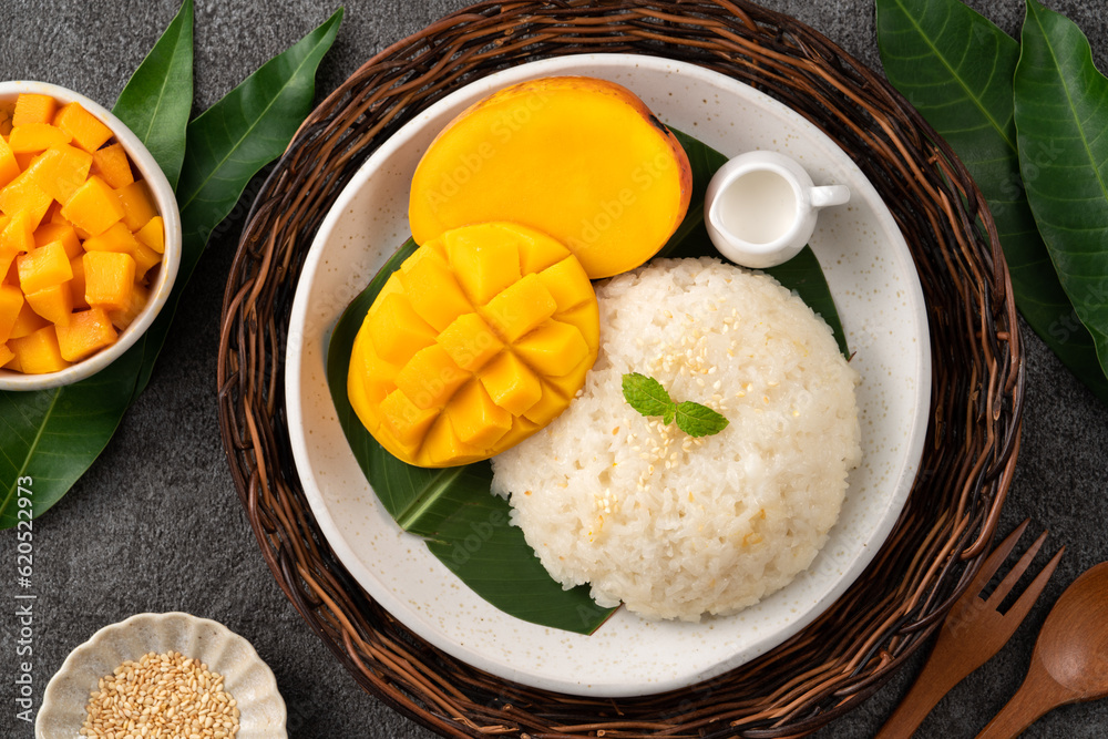 Delicious Thai mango sticky rice with cut fresh mango fruit in a plate.