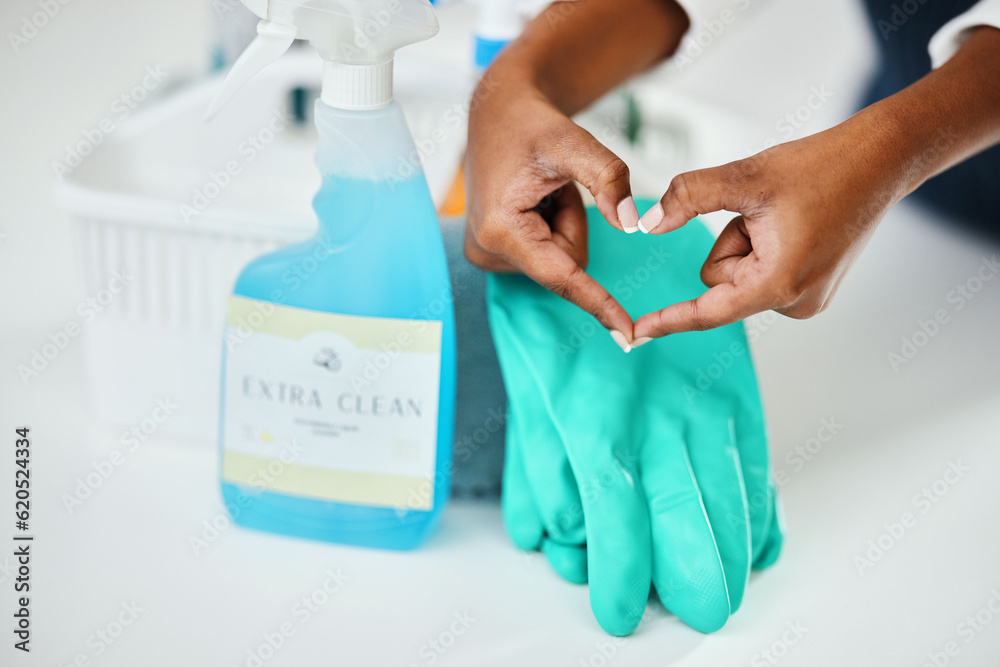 Heart hands, cleaning and chemical detergent bottle, closeup of supplies and cleaner with hygiene. C