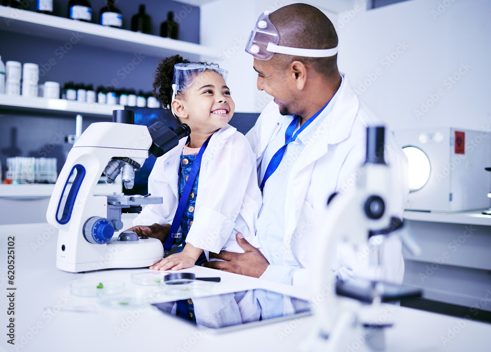 Science, microscope and father with child in laboratory for medical research, chemistry and educatio