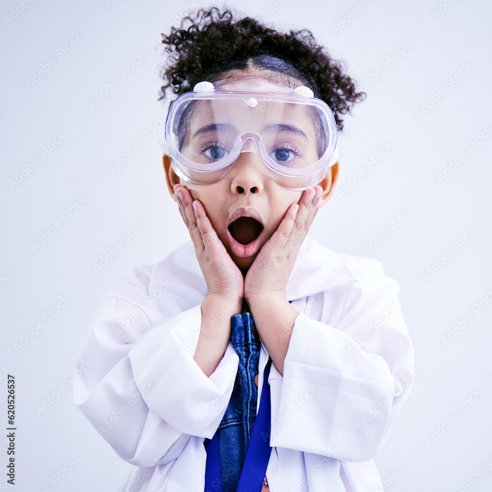 Child, shocked and science portrait with glasses in studio with open mouth, wow or surprised face. A