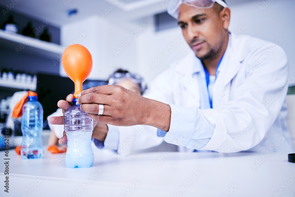 Chemistry, balloon and father with child in laboratory for medical research, science and education. 