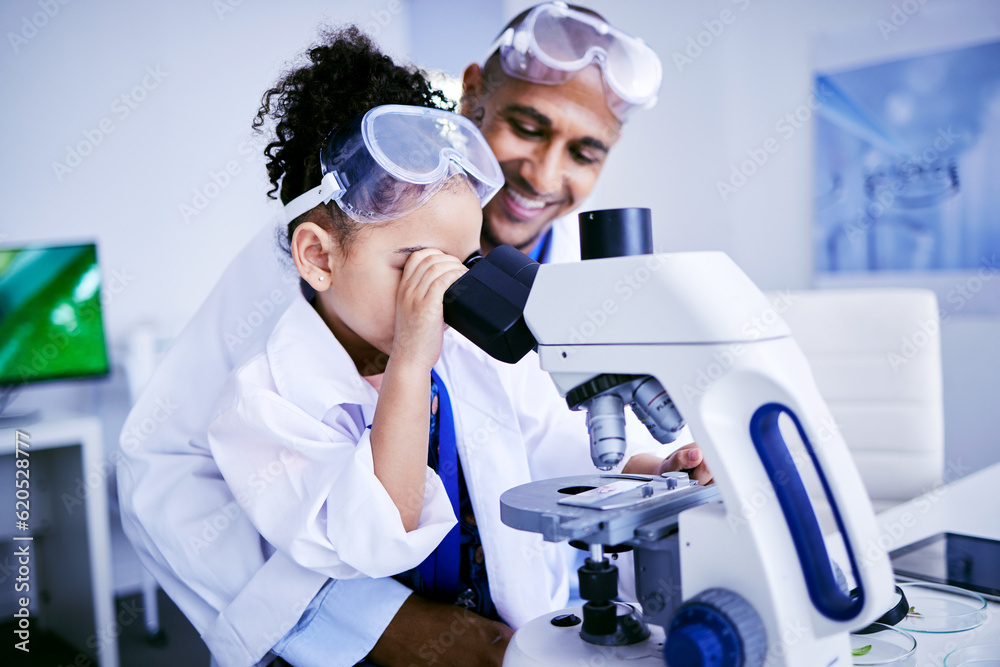 Science, microscope and dad with child in laboratory for medical research, chemistry and education. 