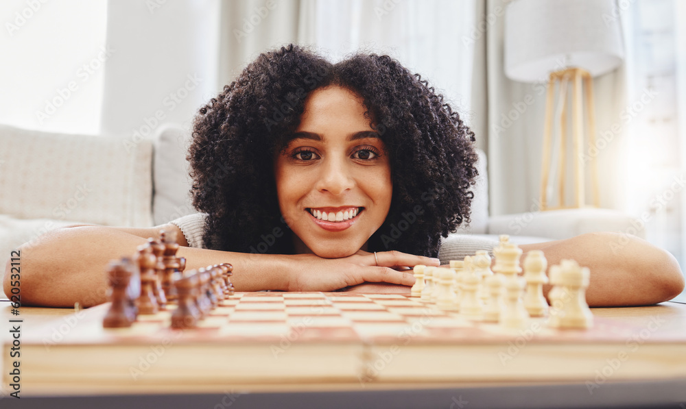 Chess, game and portrait of woman with board for strategy, thinking and challenge at home. Competiti