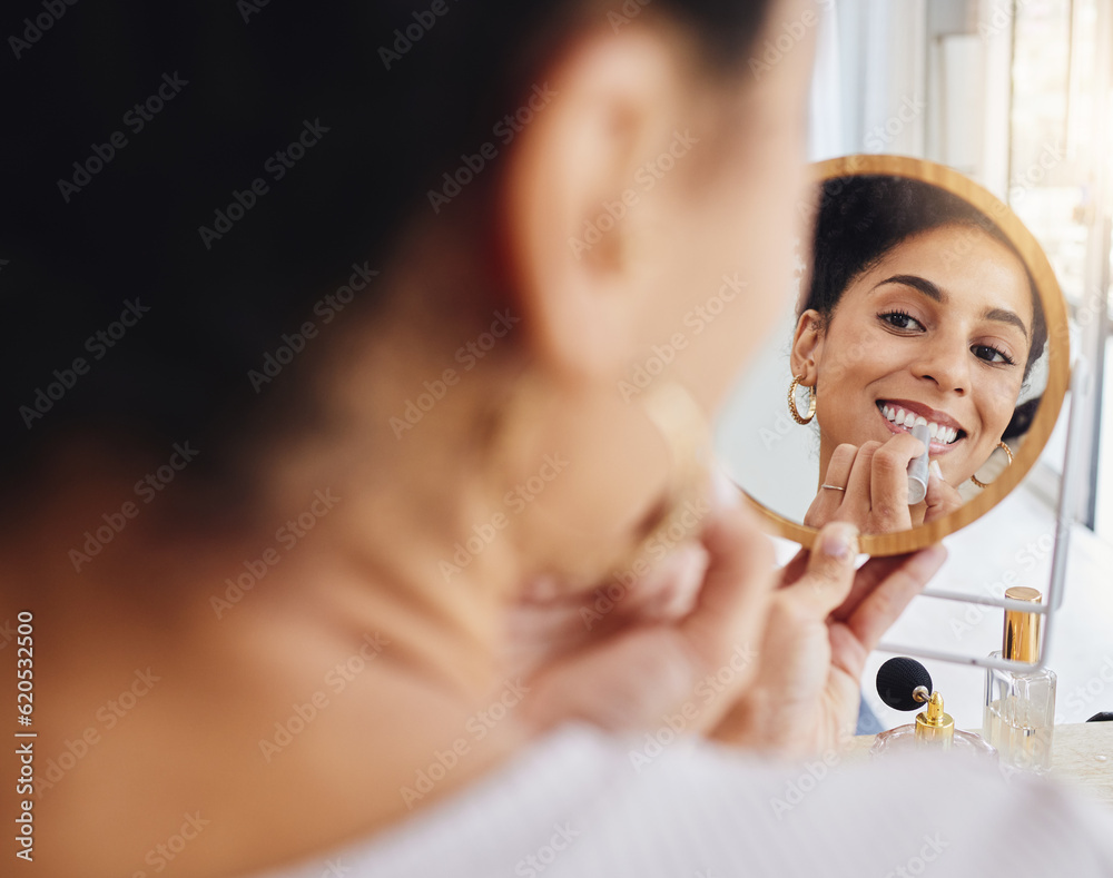 Woman, lipstick and mirror at home with a smile from makeup and cosmetics. Young female person, face