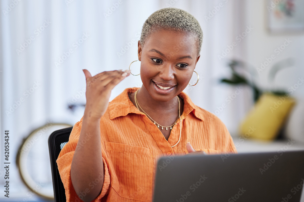 Presentation, laptop and business black woman in meeting for home office, planning and startup ideas