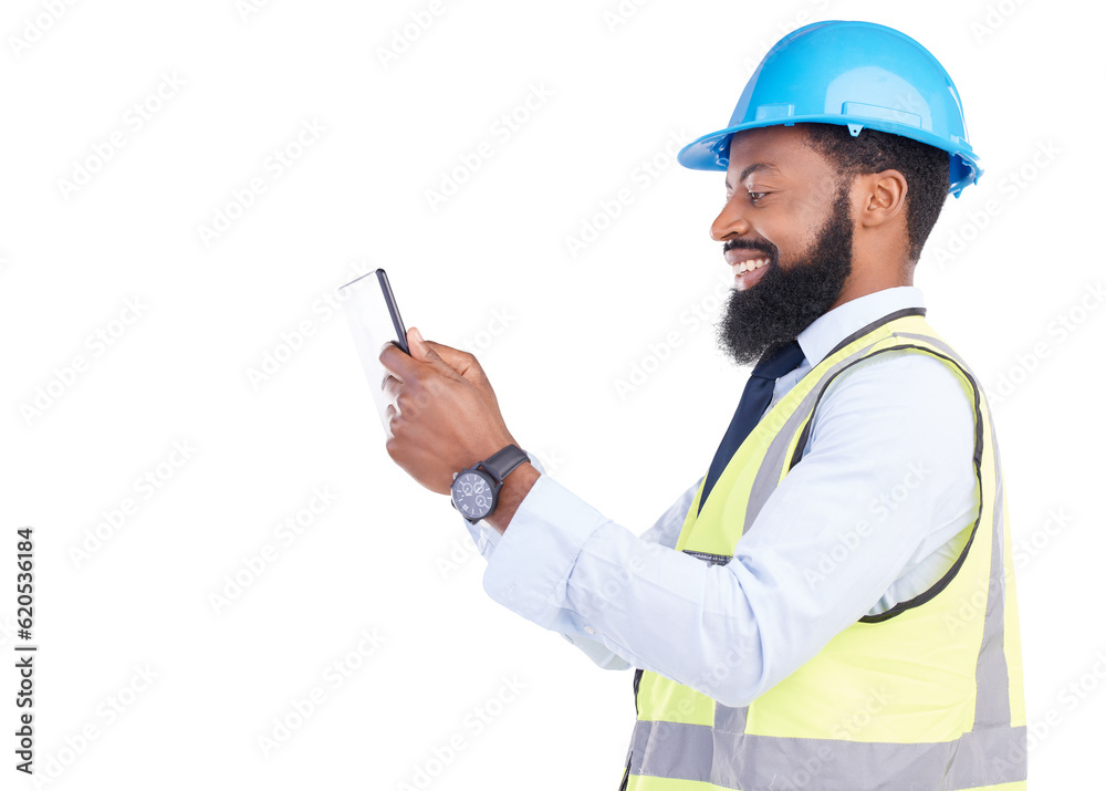 Tablet, construction and building with an engineer black man isolated on a transparent, png backgrou