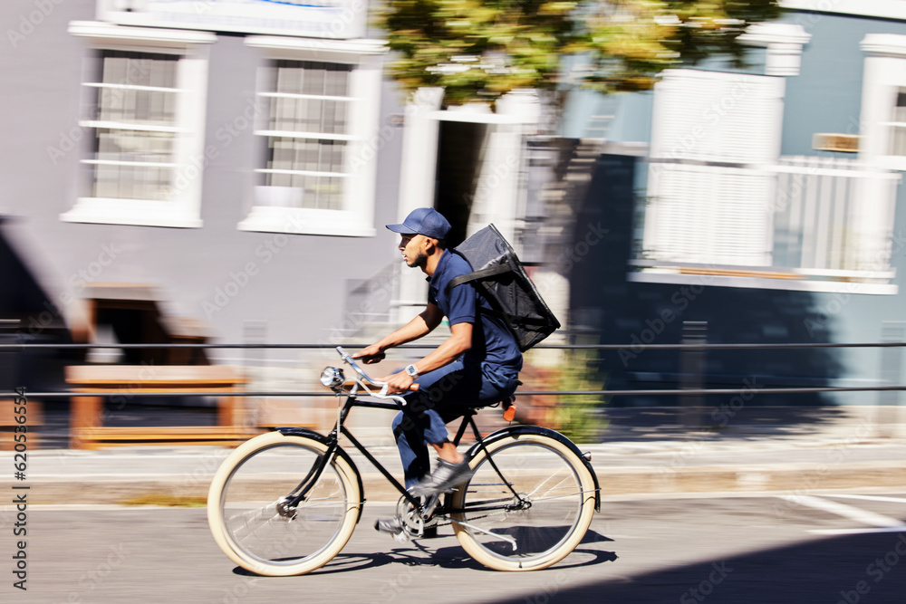 Transportation, delivery on bicycle with parcel and city street for distribution service. Eco friend