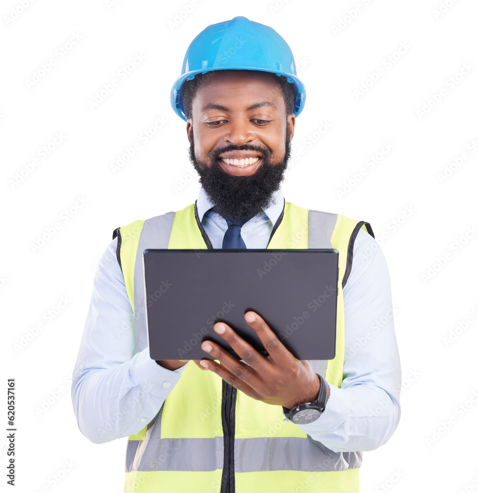 Black man, tablet and construction with smile, engineer with digital blueprint and architecture on p