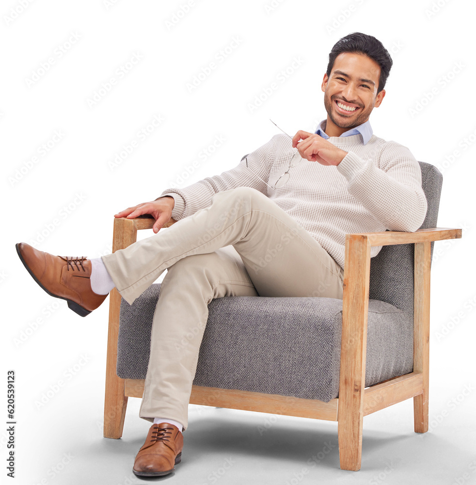 Relax, chair or portrait of therapist, happy or crossed legs isolated against a transparent backgrou