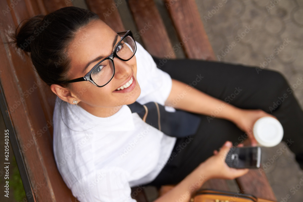 School, portrait from above and student with a phone after class, education or rest from studying an