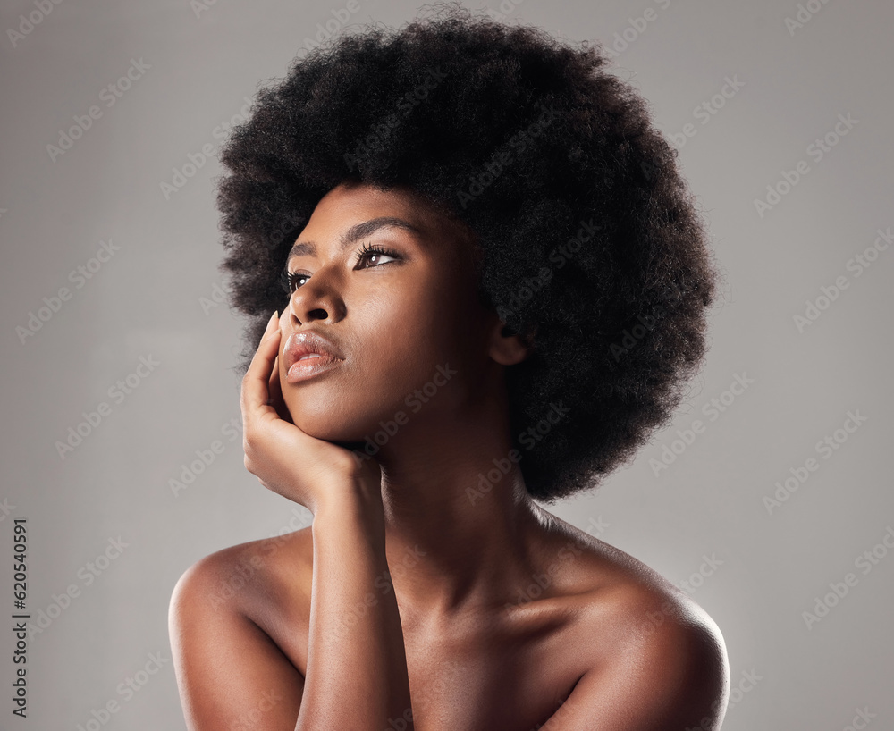 Skin, face and natural beauty, black woman thinking, cosmetics and glow isolated on studio backgroun