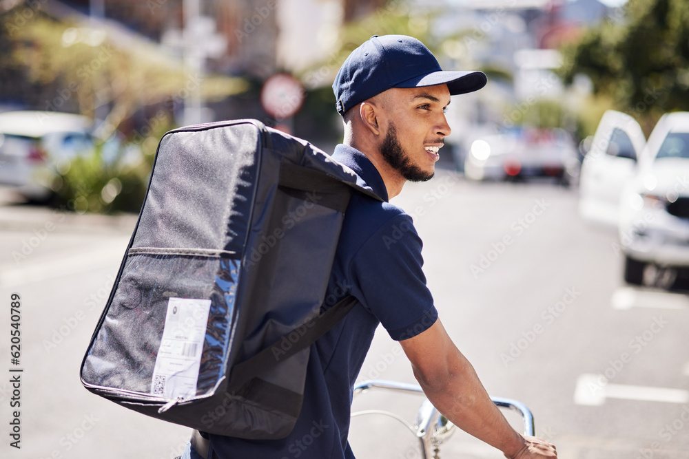 Man, bicycle and delivery in city with bag of logistics, distribution service and fast food order. C