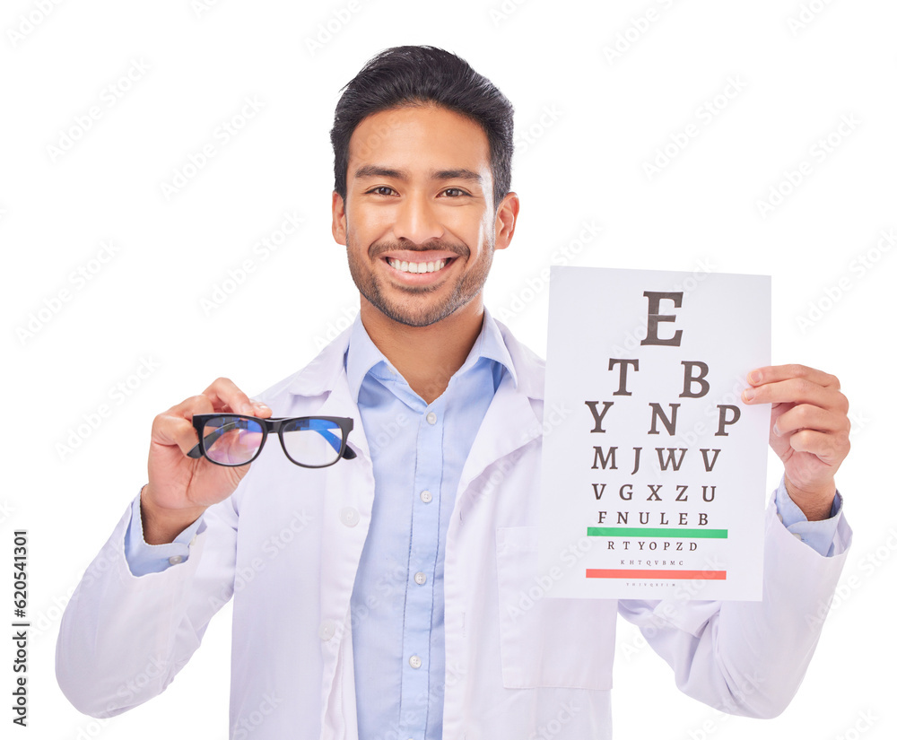 Portrait, doctor and glasses, eye test and smile at vision clinic wit reading assessment and chart. 