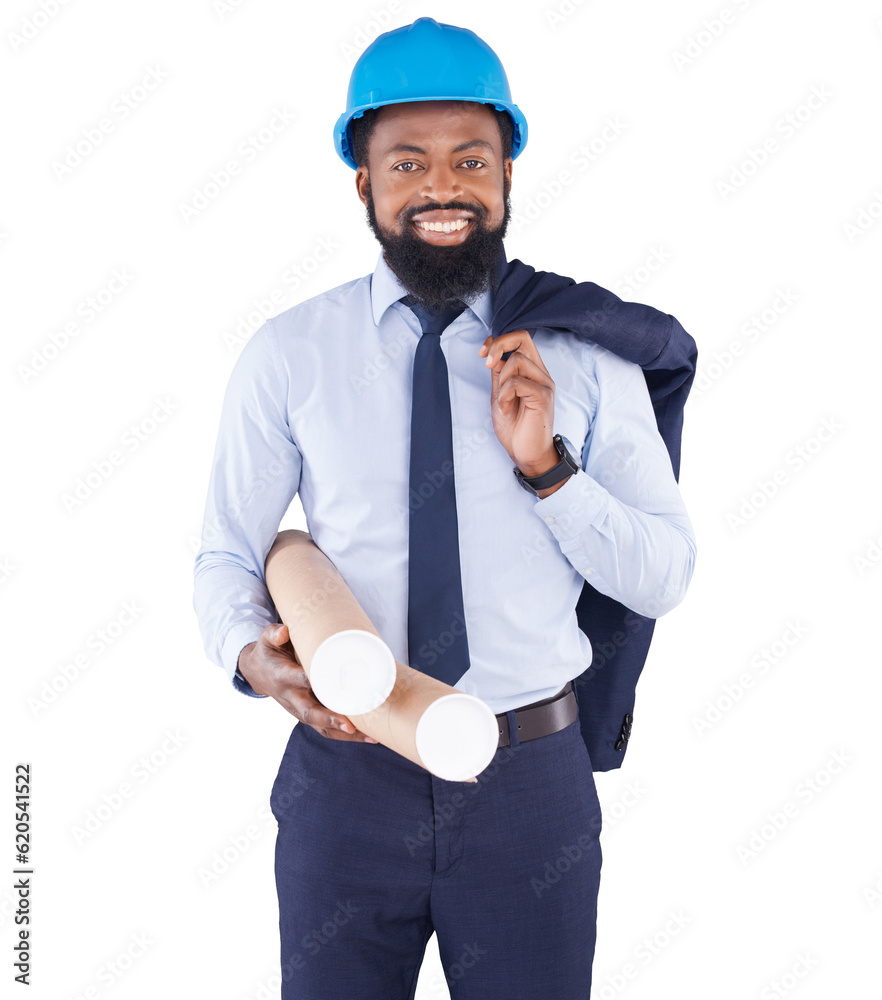 Architect, black man and blueprint, portrait and construction isolated on transparent png background