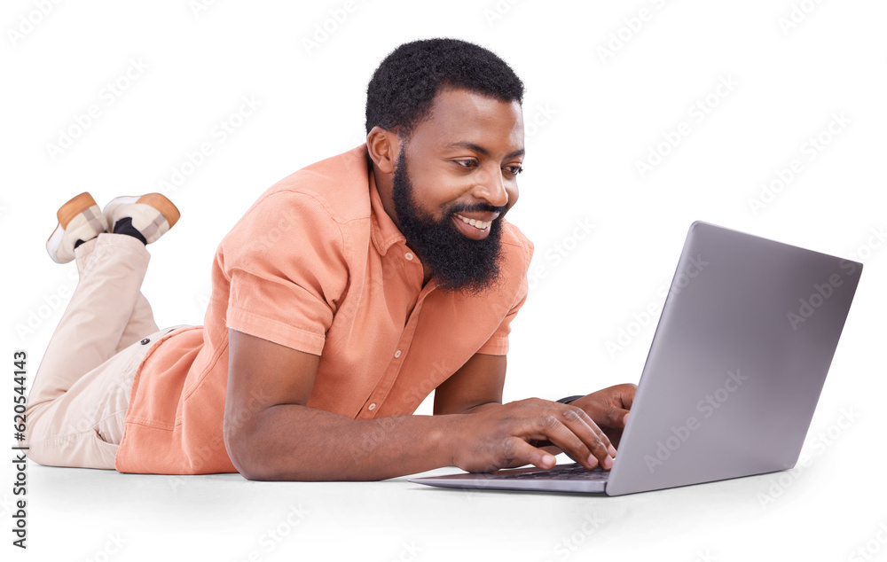 Happy, black man typing and shopping on laptop in studio for ecommerce, trading on transparent png b