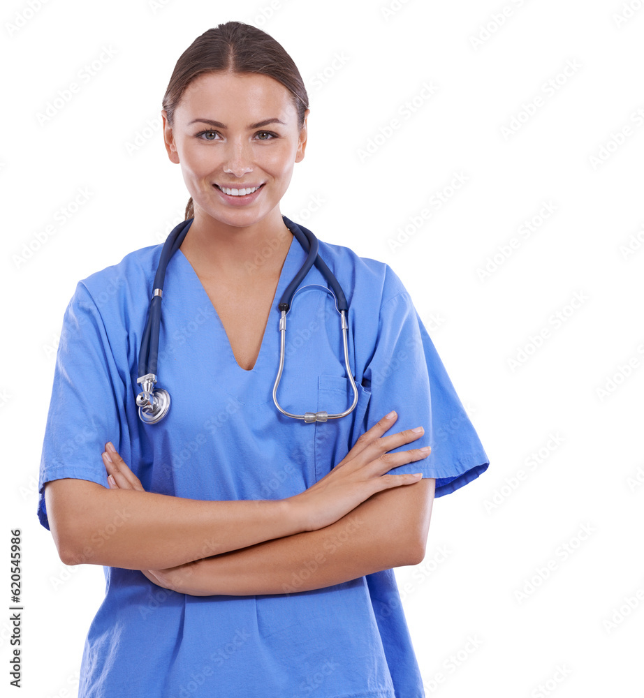 Woman, arms crossed and nurse in portrait, health and stethoscope with smile isolated on transparent