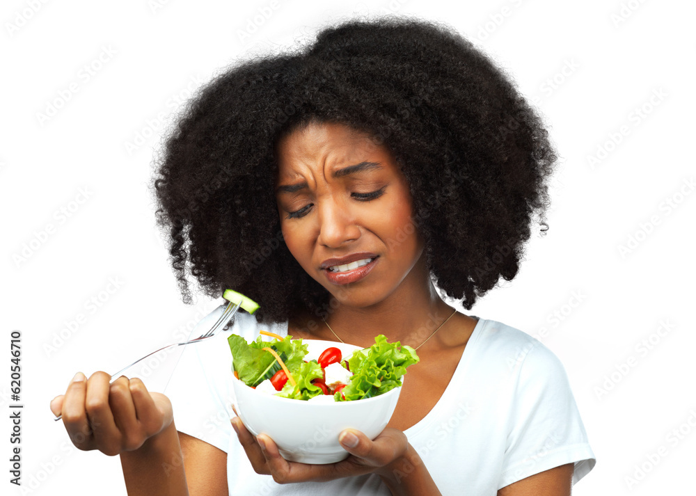 Diet, salad and sad woman eating healthy food, detox lunch or breakfast isolated on transparent, png