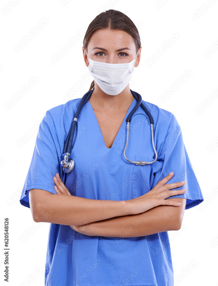 Woman, portrait and doctor mask with arms crossed in confidence isolated on a transparent PNG backgr