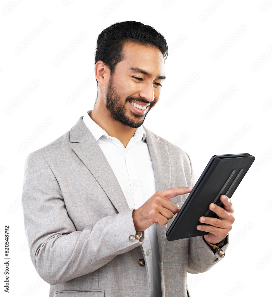 Smile, tablet and young businessman doing research on the internet for corporate project. Happy, com