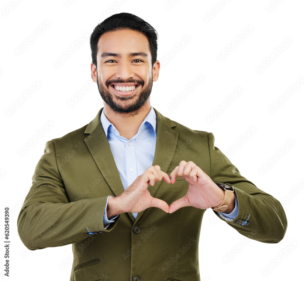 Portrait, heart shape and young businessman with a valentines day hand gesture or emoji. Hands, happ