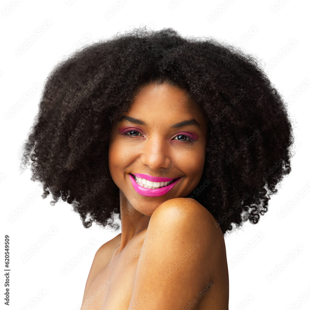 Beauty, skincare and makeup with portrait of black woman on png for cosmetics, face and hairstyle. N