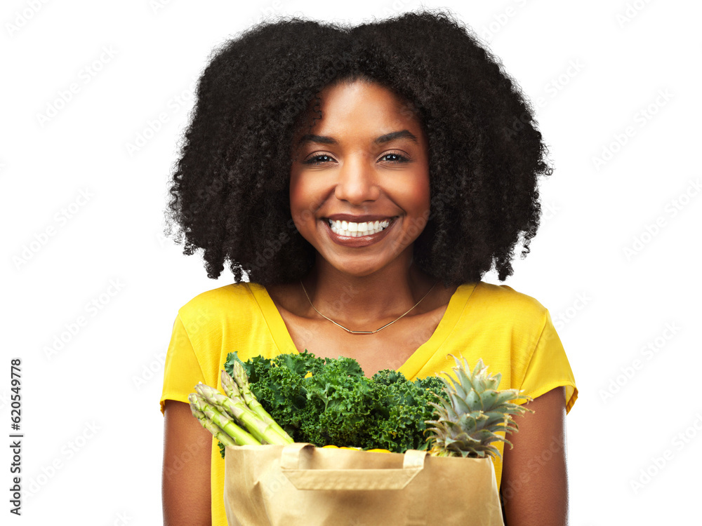 Portrait, nutrition and black girl with supermarket or smile in png or isolated in transparent backg