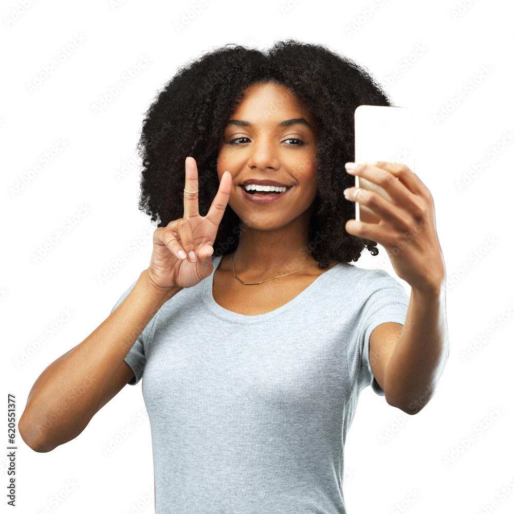 Black woman, peace hand gesture and selfie, gen z and social media influencer isolated on transparen