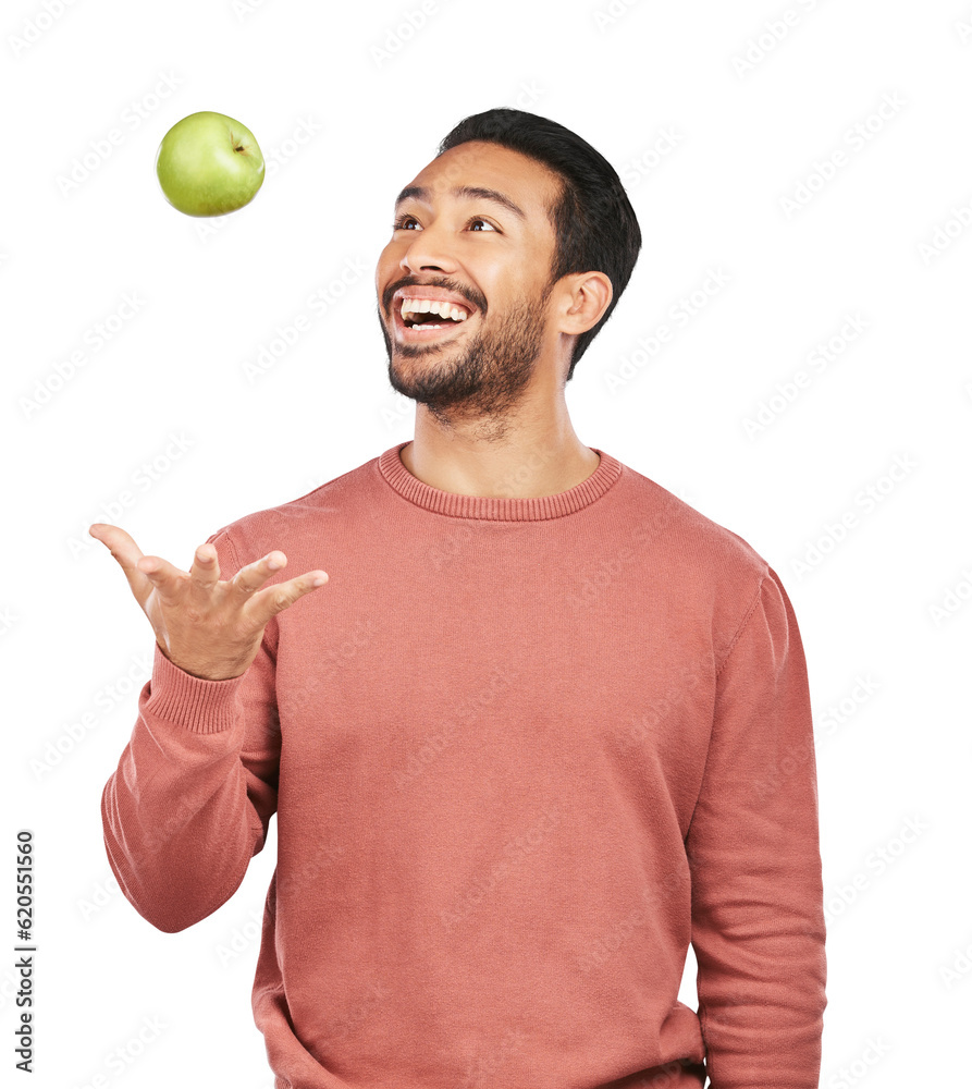 Throw, apple and man with fruit for health on isolated, png and transparent background for wellness.