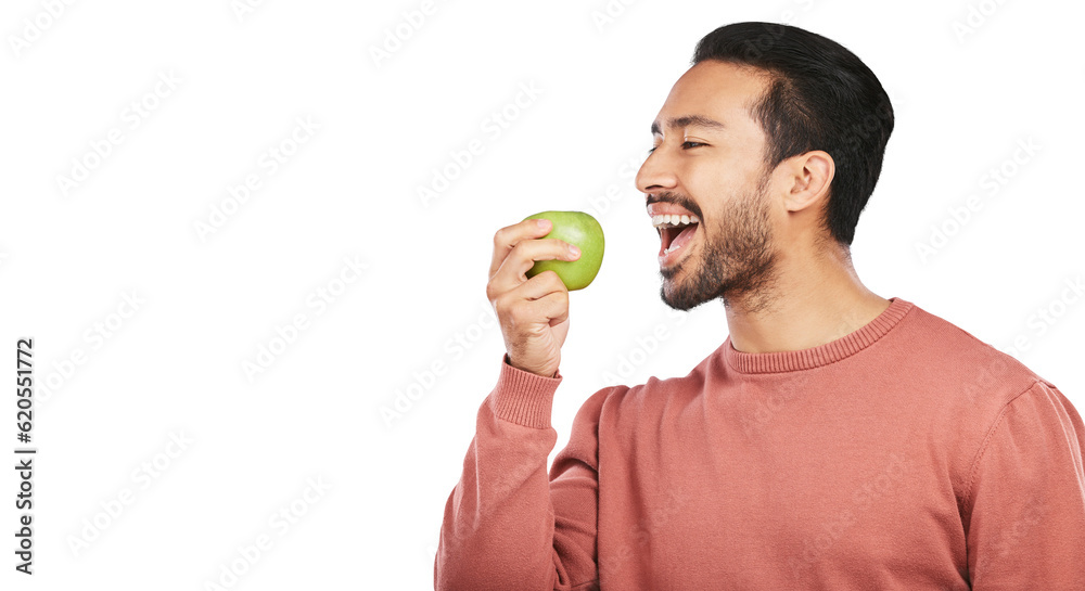 Health, eating apple and man with fruit on isolated, png and transparent background for wellness. He