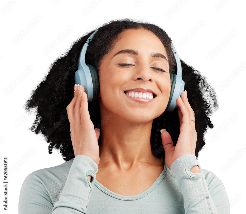 Music, headphones and happy woman relax streaming on isolated, transparent and png background. Radio