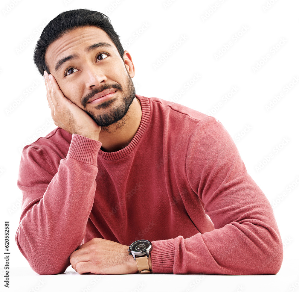 Thinking, wondering and man bored and relax looking up isolated in a transparent or png background. 