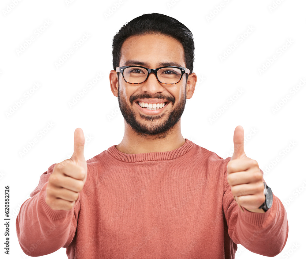 Nerd asian man, portrait and thumbs up for success standing isolated on a transparent PNG background