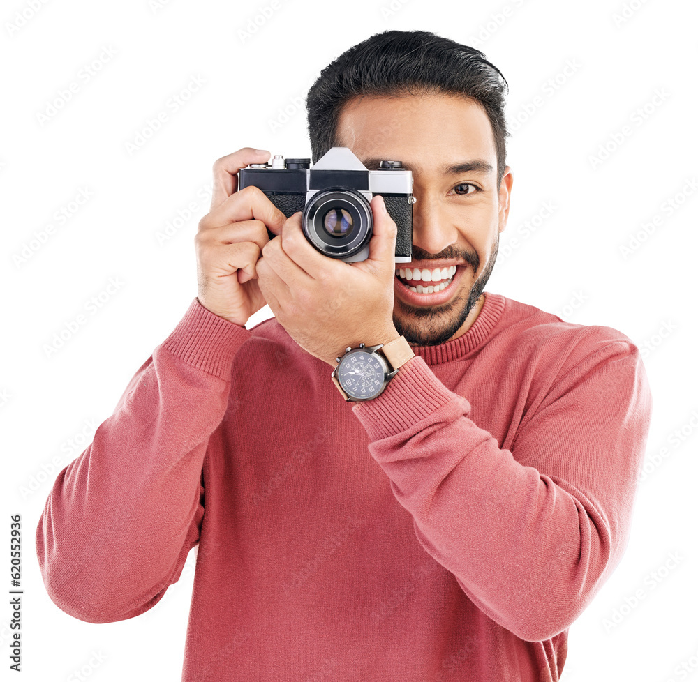 Photography, creative and portrait of a man with a camera for art or photoshoot production job. Happ