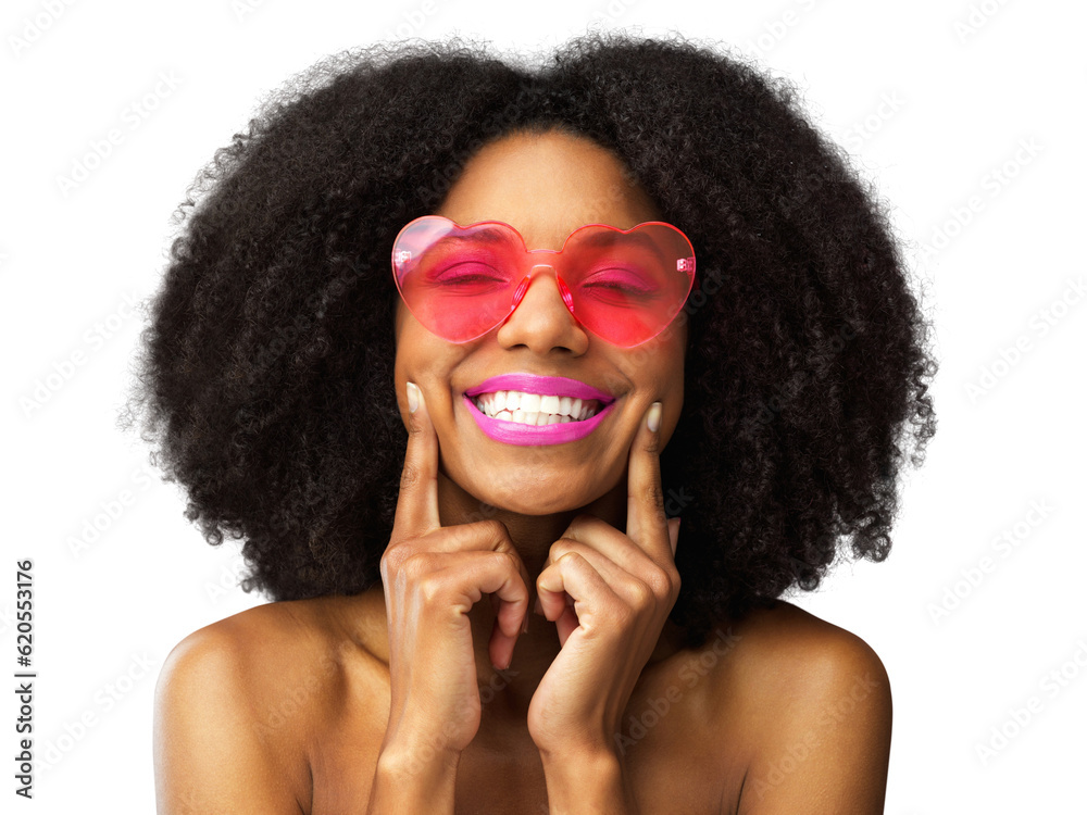 Black woman, portrait smile and afro with glasses for stylish fashion isolated on a transparent PNG 