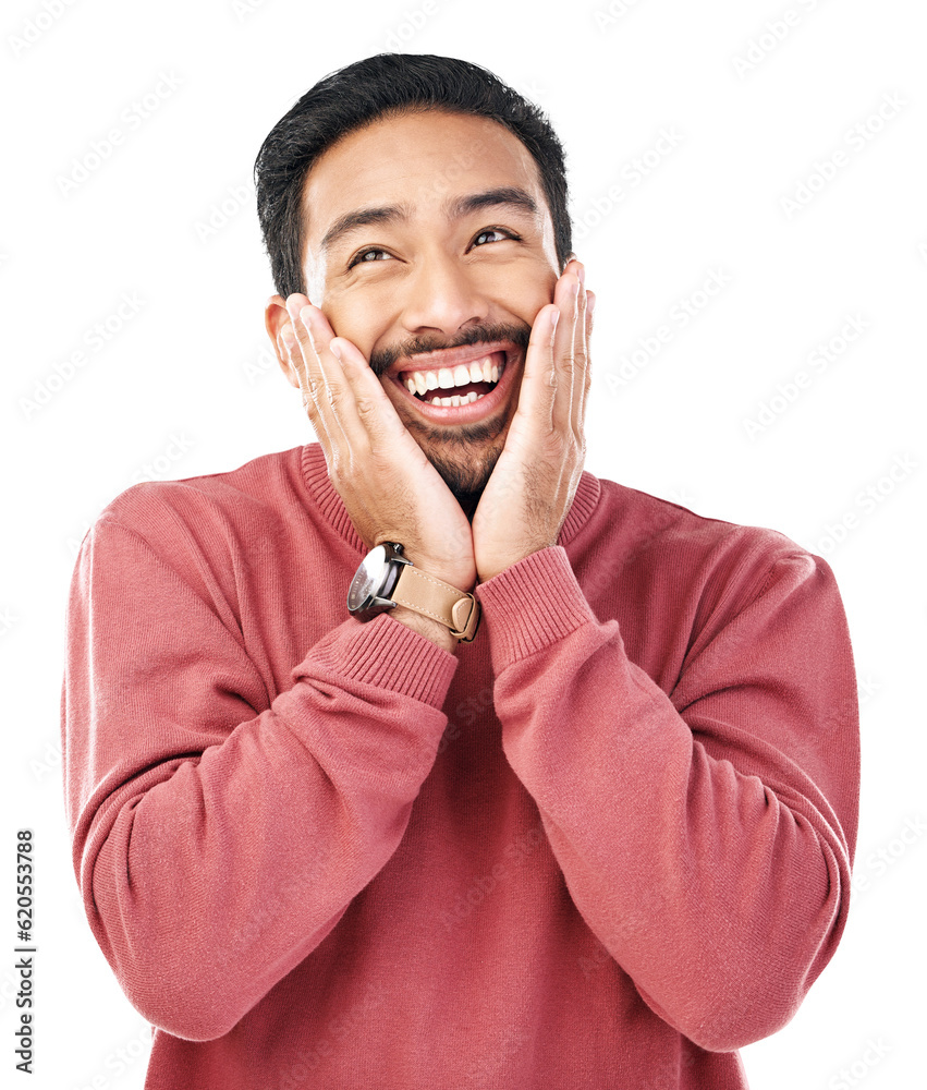 Smile, omg and hands on face of excited man with wow surprise on isolated, transparent or png backgr