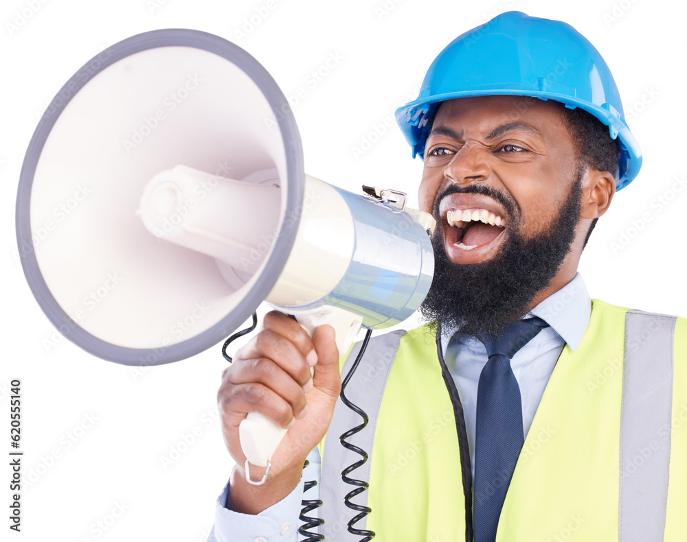 Megaphone, shouting and construction or engineer black man isolated on a transparent, png background