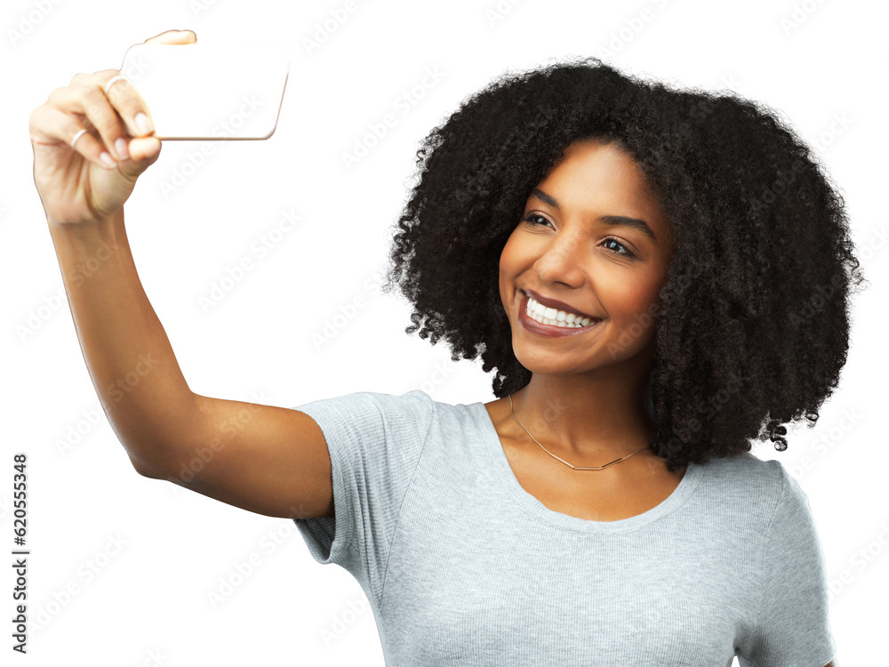 Black woman, happy and selfie with social media influencer and blog isolated on transparent png back