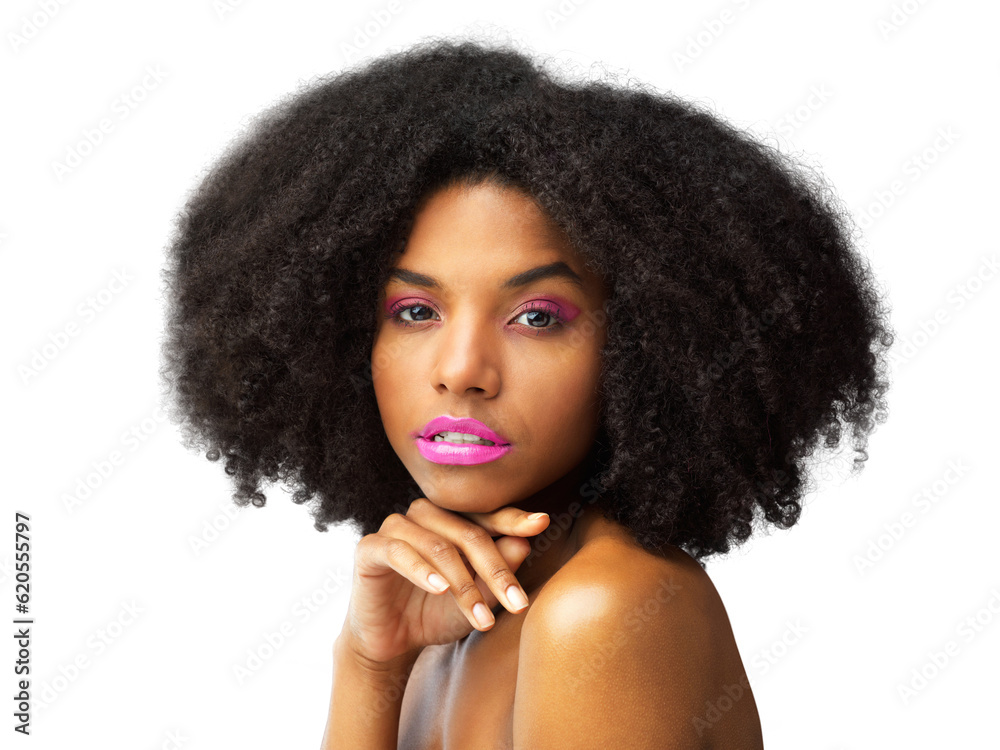 Makeup, portrait and African woman with hair care for healthy, natural afro confidence on transparen