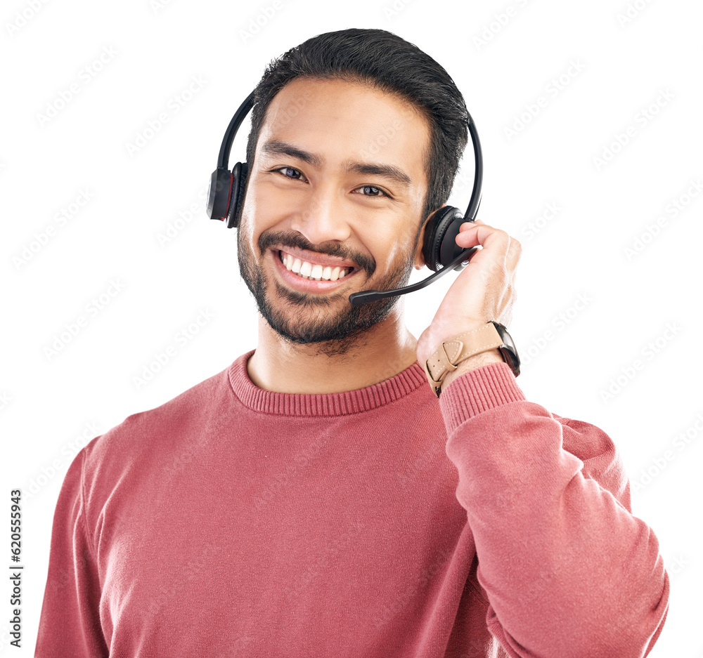 Call center, consulting and smile with portrait of man on png for customer service, networking and a