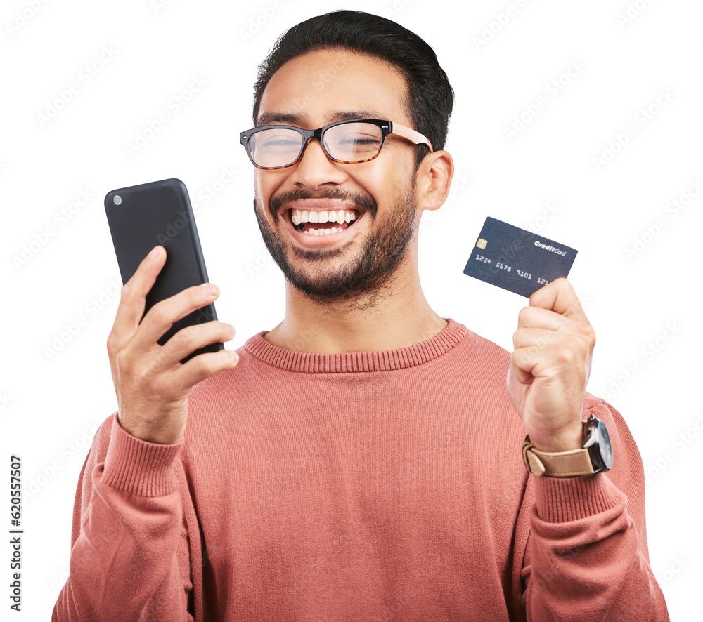 Happy asian man, phone and credit card for payment or online banking isolated on a transparent PNG b