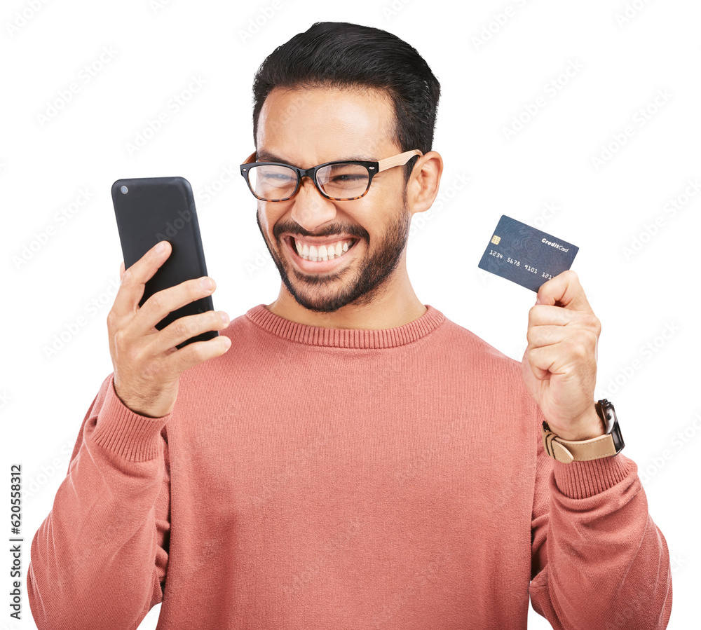 Happy asian man, phone and credit card for ecommerce isolated on a transparent PNG background. Excit