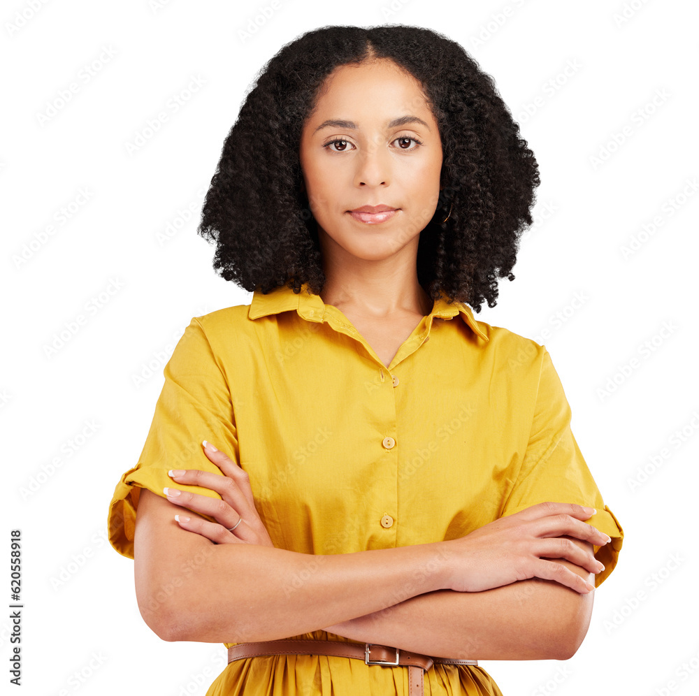 Serious, arms crossed and portrait of business woman on png for creative, designer and professional.