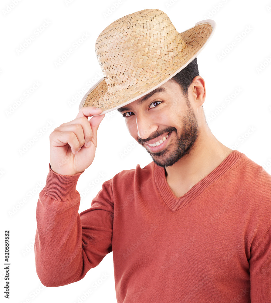 Happy, handsome and portrait of a man with a hat for fashion, trendy or cool style with confidence. 