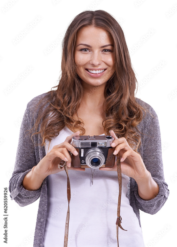 Photography, camera and woman photographer happy with shot, picture and isolated in a transparent or