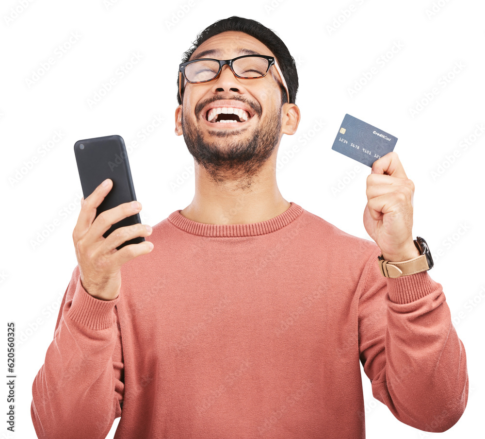 Happy asian man, phone and credit card in payment success isolated on a transparent PNG background. 