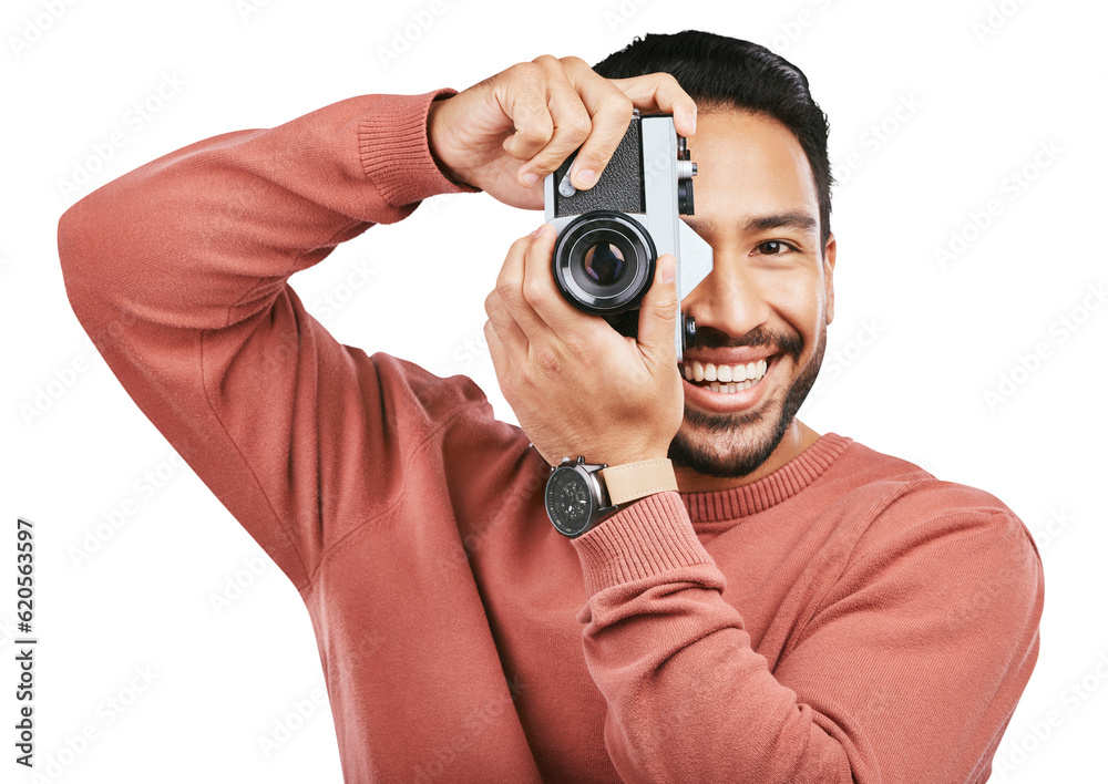 Camera, photographer and portrait of a man with a creative, art or artistic photoshoot production jo