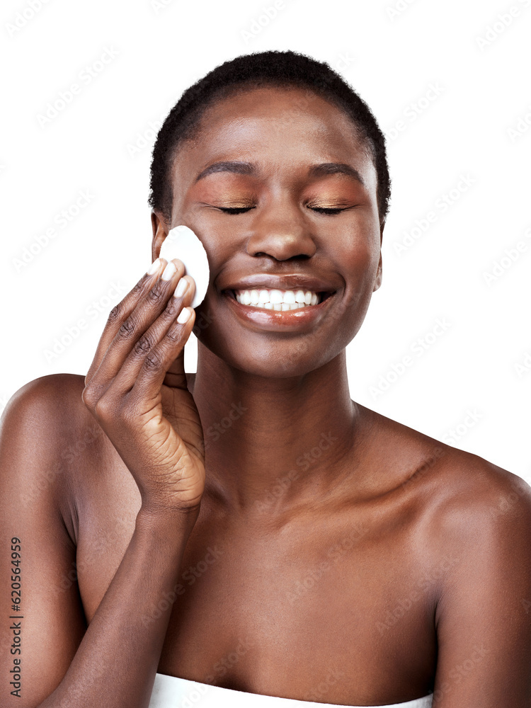 Face, skincare and black woman with cotton pad isolated on a transparent png background. Beauty, hap