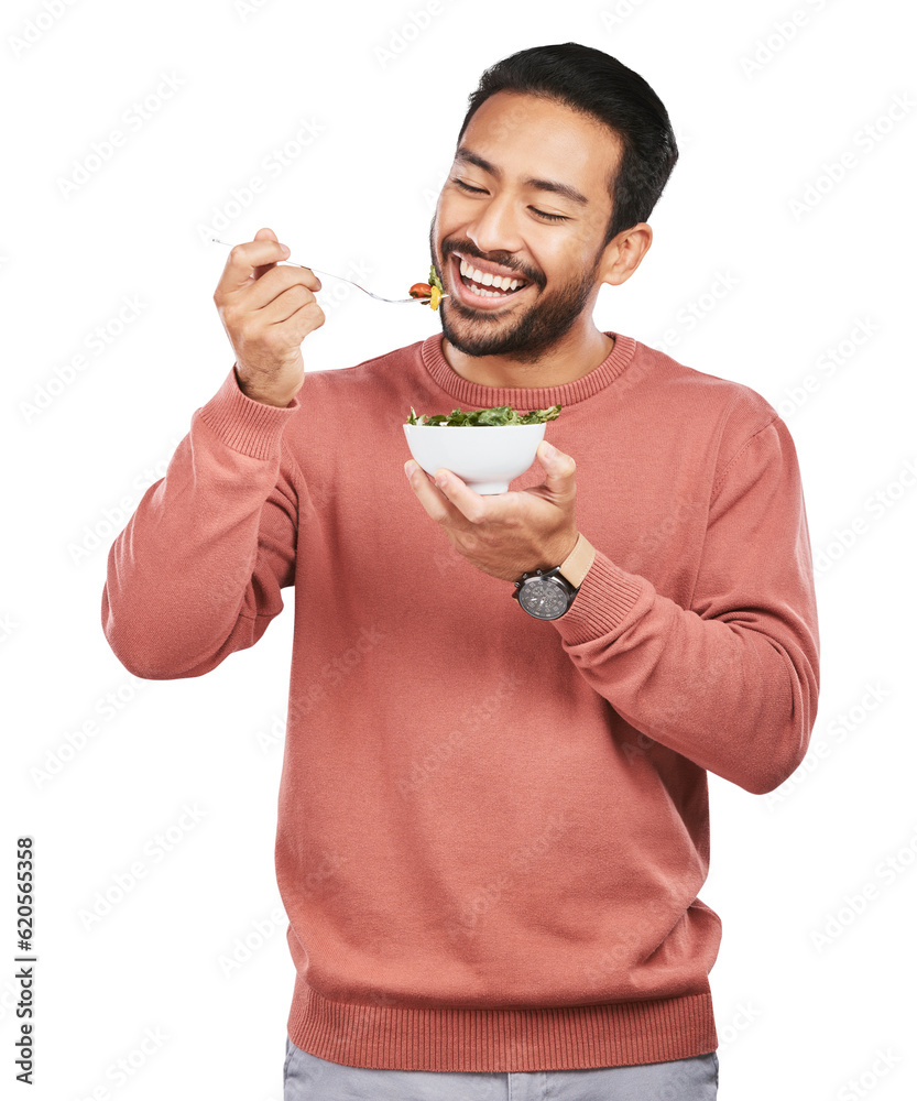 Health, salad and man with food for diet on isolated, png and transparent background for wellness. D