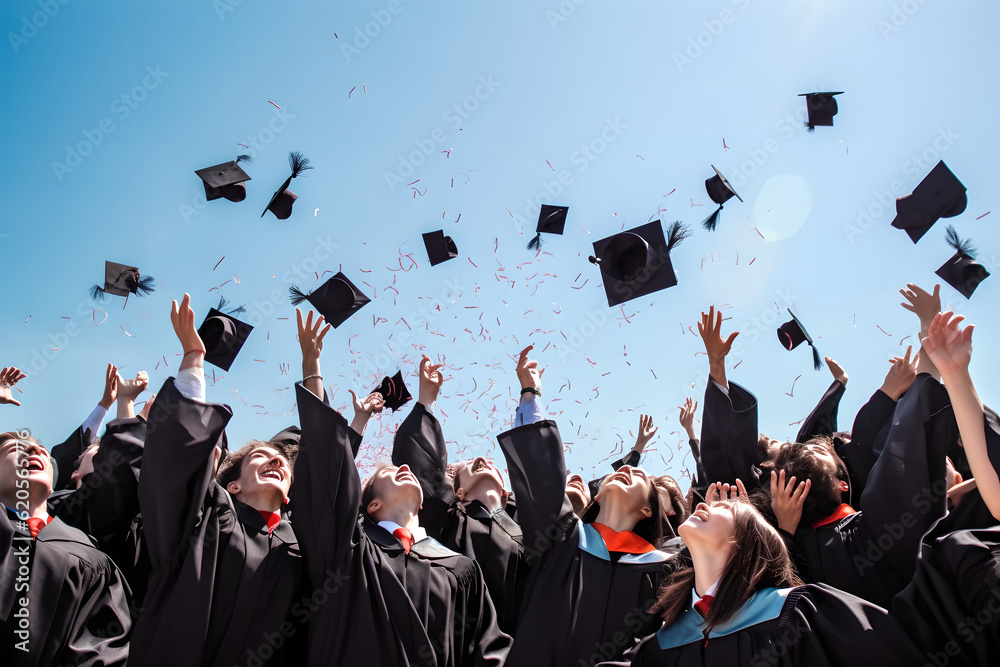 Students throwing graduation hats in the air celebrating. education concept with students celebrate 